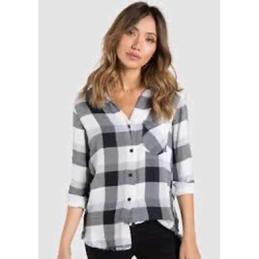 Cloth & Stone Buffalo Plaid Frayed Hem Button Down Shirt Black White Large